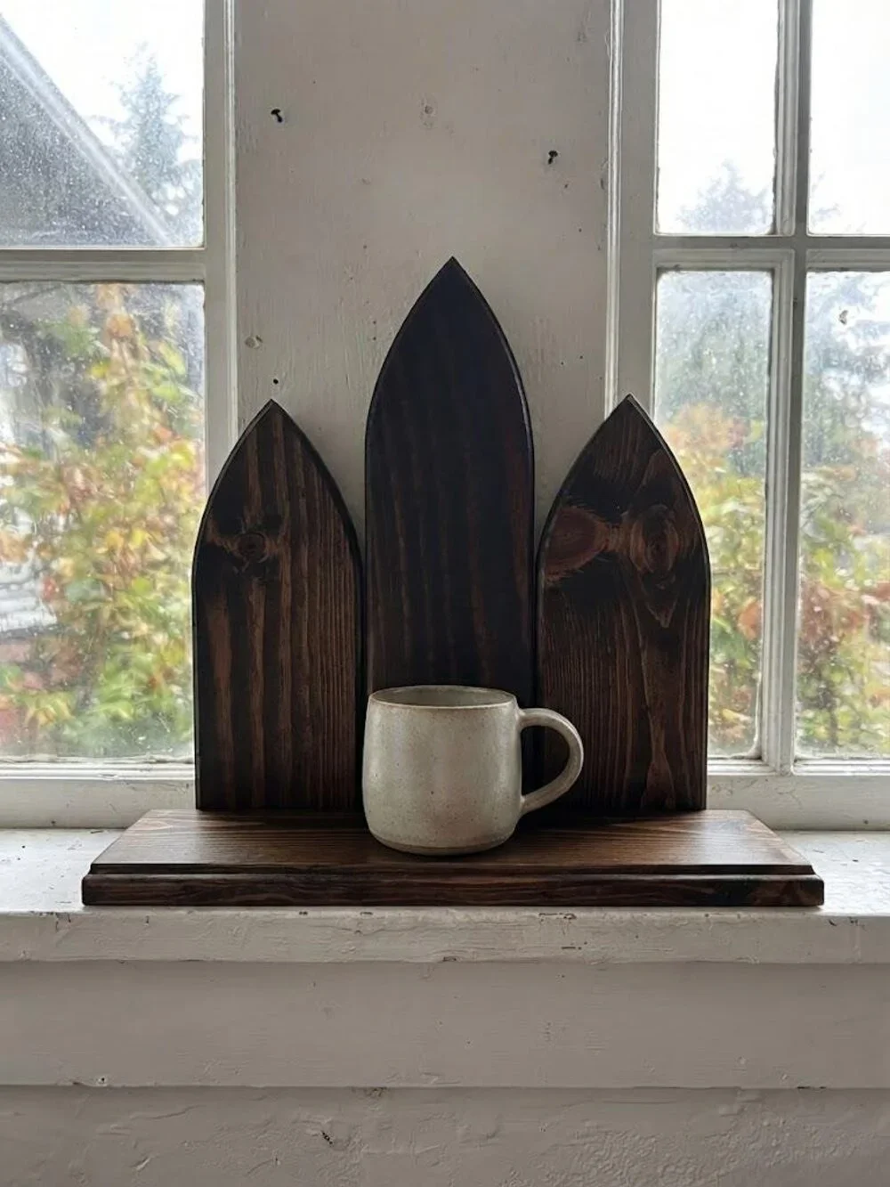 Triple Lancet Gothic Wall Shelf Dark Walnut Altar Ledge Dark Academia Wood Decor